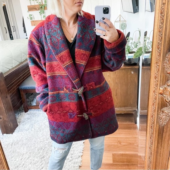 Eddie Bauer Jackets & Blazers - Eddie Bauer | Vintage 90's Classic Wool Aztec Print Coat Maroon Pockets Western
